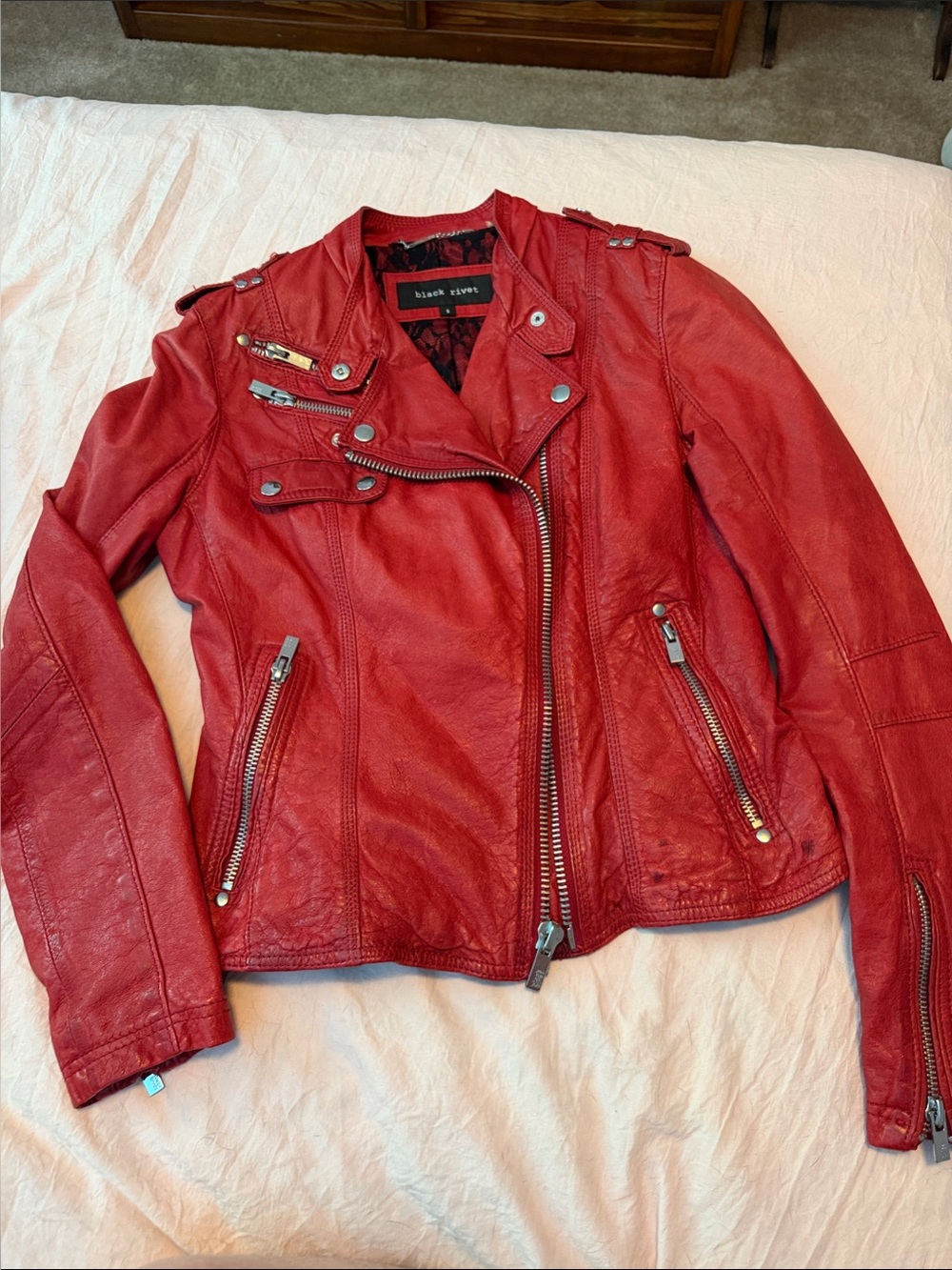 Black Rivet Leather Red Moto Jacket | Biker Style Zip Front Jacket